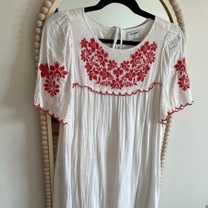 Red and White Embroidered Midi